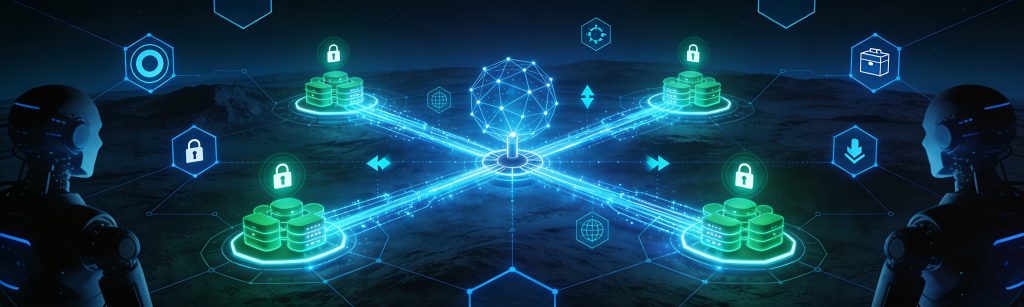 Futuristische Visualisierung von verteiltem Lernen: Neonblaue Datenströme verbinden dezentrale Einheiten mit einem zentralen Aggregationsknoten – Rohdaten bleiben lokal.