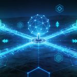 Futuristische Visualisierung von verteiltem Lernen: Neonblaue Datenströme verbinden dezentrale Einheiten mit einem zentralen Aggregationsknoten – Rohdaten bleiben lokal.