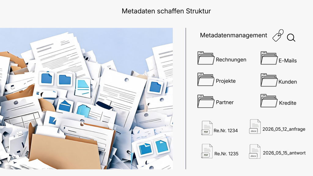KI-Agenten unterstützen das Metadatenmanagement, indem sie unstrukturierte Dokumente klassifizieren, Tags vergeben und Daten in ein geordnetes Archiv überführen. Links ist Dokumentenchaos zu sehen, rechts eine strukturierte Ablage mit Kategorien, Suche und Metadaten.
