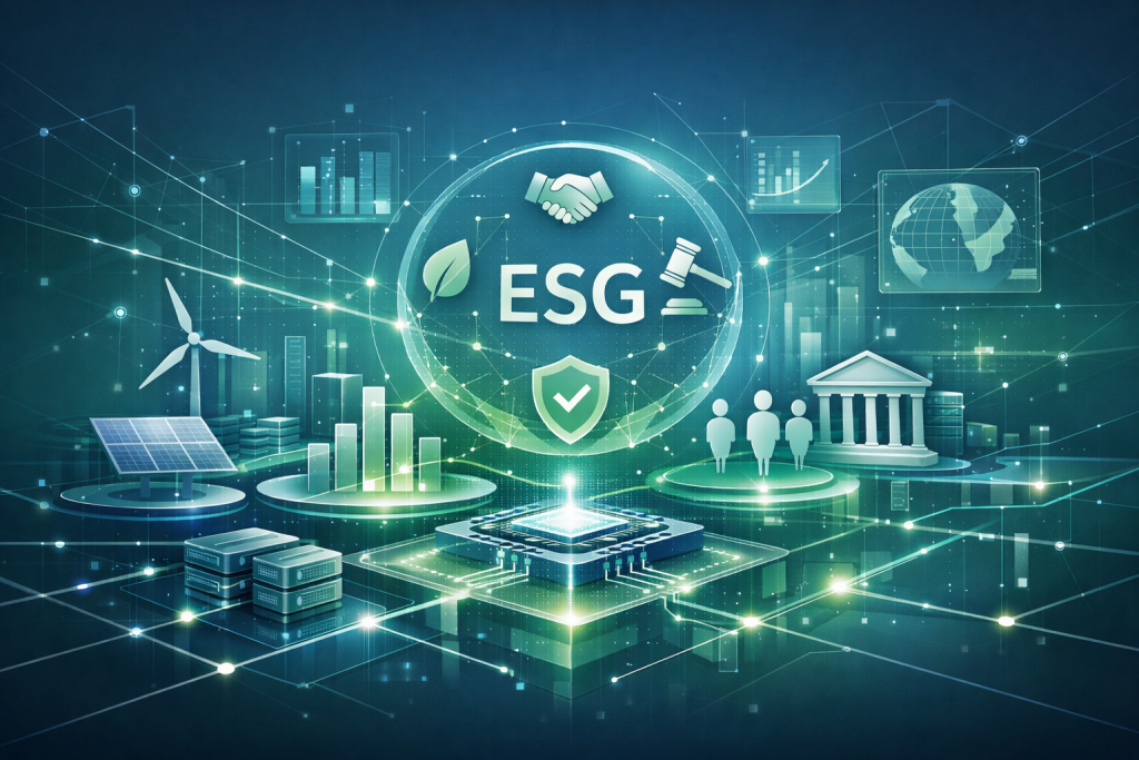 Futuristische ESG-Visualisierung für KI und digitale Infrastruktur mit zentralem Chip, vernetzten Datenstrukturen und Symbolen für Nachhaltigkeit, Governance, Compliance und Energie.