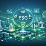 Futuristische ESG-Visualisierung für KI und digitale Infrastruktur mit zentralem Chip, vernetzten Datenstrukturen und Symbolen für Nachhaltigkeit, Governance, Compliance und Energie.