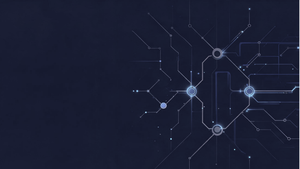Abstrakte Enterprise-AI-Governance-Grafik in dunklem Blau mit verzweigter Entscheidungsstruktur, klar zugeordneten Verantwortungs-Knoten, transparenten Kontroll- und Oversight-Ebenen sowie subtilen Datenflüssen als Symbol für Accountability, Compliance, Risikokontrolle und menschliche Aufsicht in KI-gestützten Prozessen.