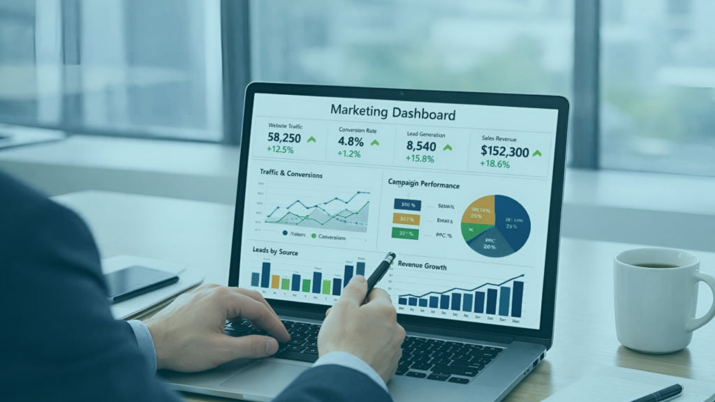 Person analysiert ein Marketing-Measurement-Dashboard auf einem Laptop mit Diagrammen zu Website-Traffic, Conversions, Lead-Generierung und Umsatzentwicklung.