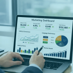 Person analysiert ein Marketing-Measurement-Dashboard auf einem Laptop mit Diagrammen zu Website-Traffic, Conversions, Lead-Generierung und Umsatzentwicklung.
